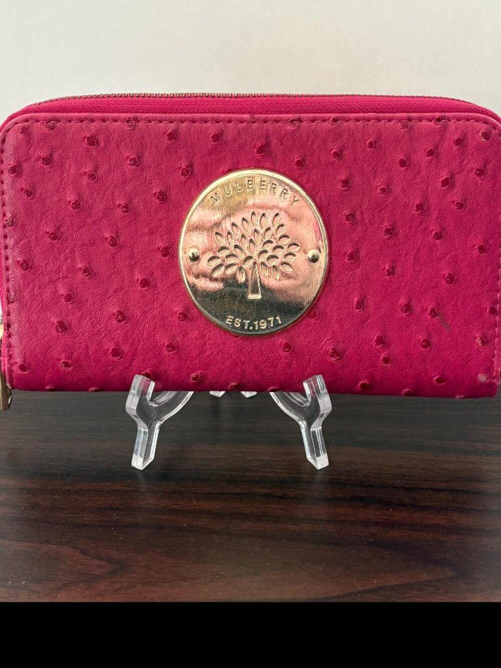 Fuchsia Ostrich Leather Continental Zip Wallet Gold Hardware Barbiecore